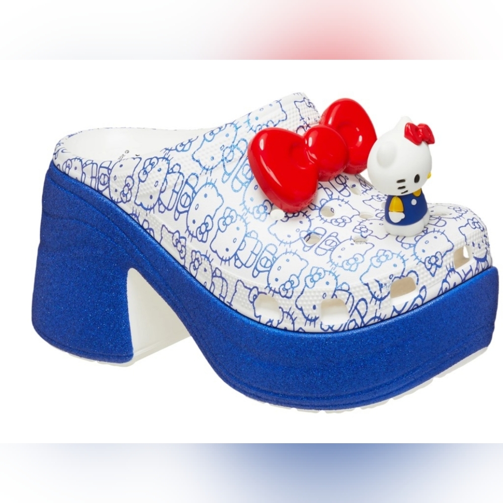 Hello Kitty Blue & White Platform Clog with Red Bow Charm Size 7,Crocs
